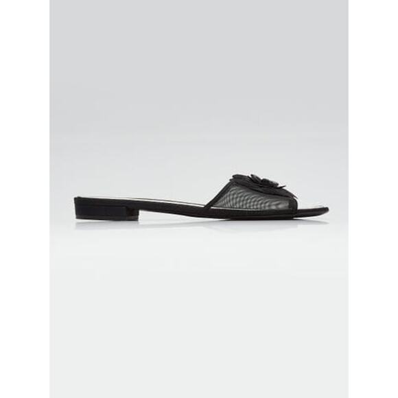 CHANEL Black Mesh Camellia Flower Open Toe Flat Sandals 39.5 sz - Picture 3 of 15